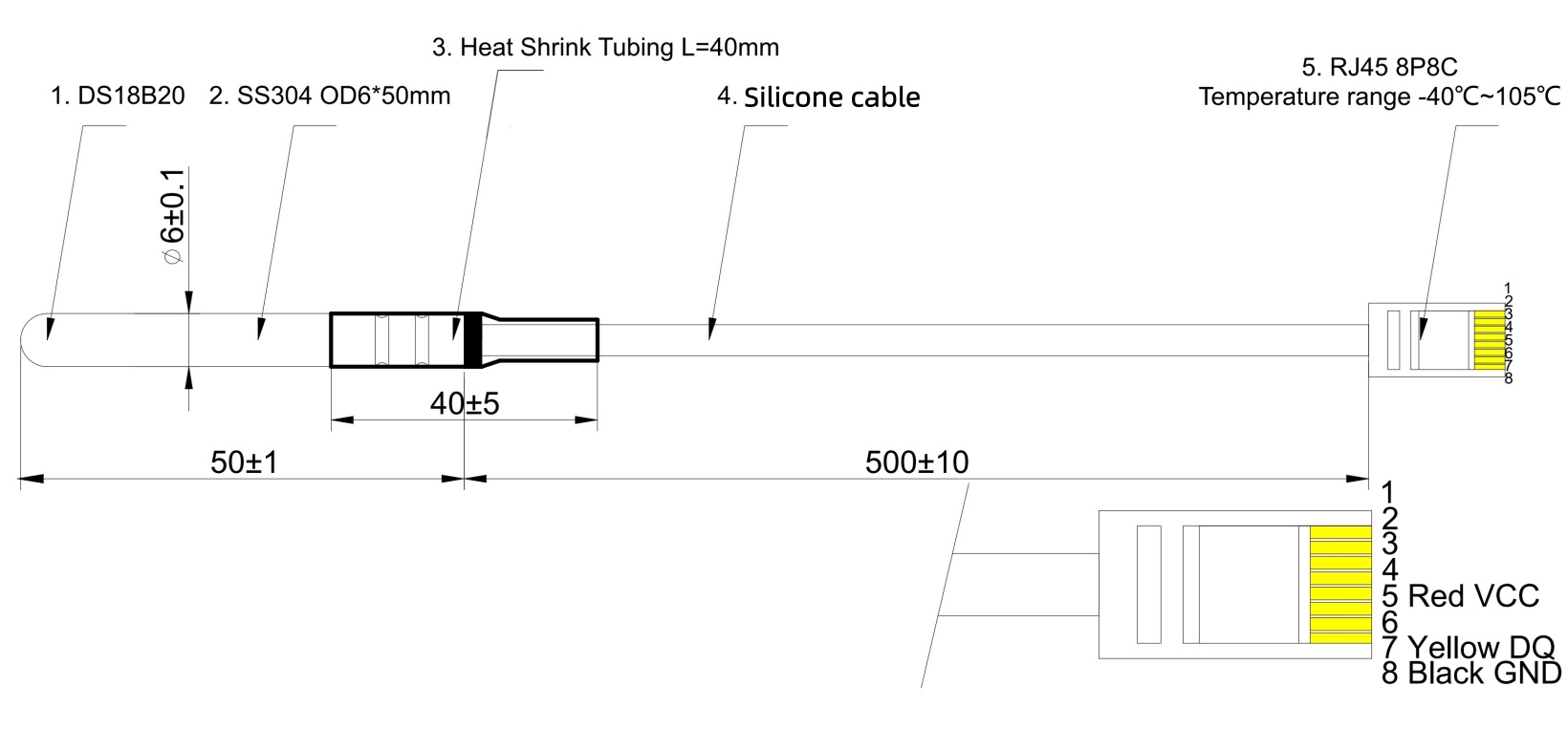 Waterproof DS18B20 1 Wire Temperature Sensor with RJ45 Connector