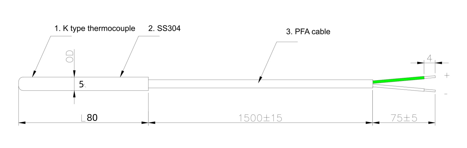 Type K Thermocouple Probe SS304/316 with PFA Cable