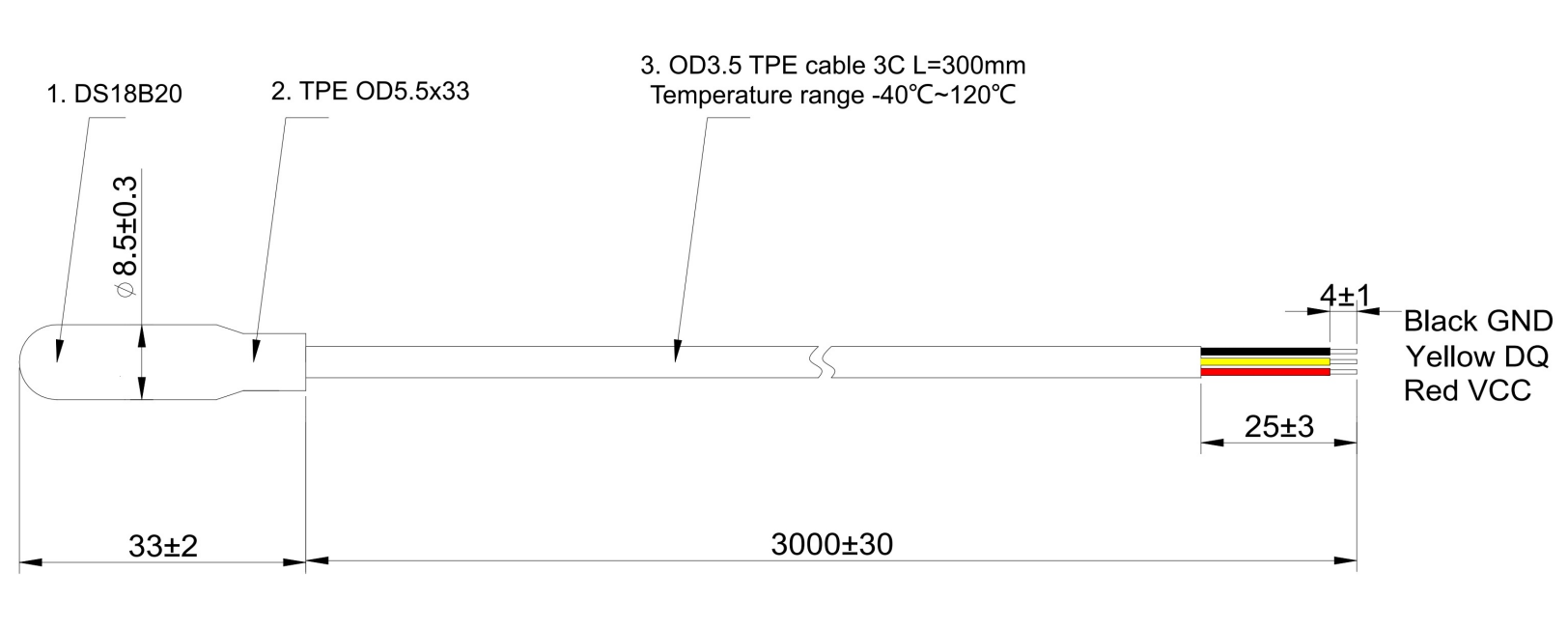 Digital Temperature Sensor DS18B20 with Overmolded Probe and TPE Cable