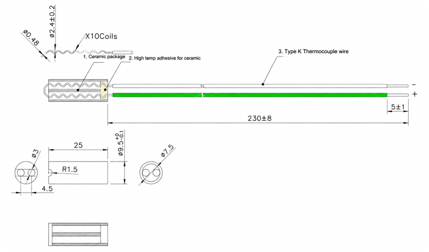 Ceramic K Type Thermocouple Probe 300–1200°C
