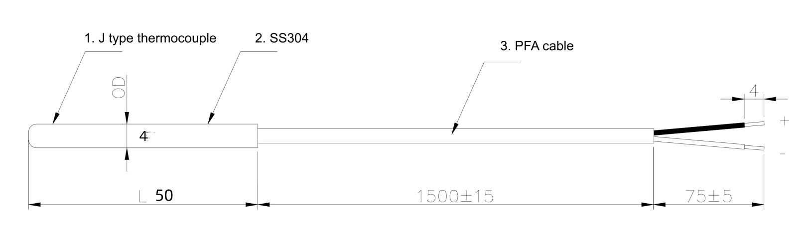 Type J Thermocouple Probe with PTFE/PFA Cable – Stainless Steel