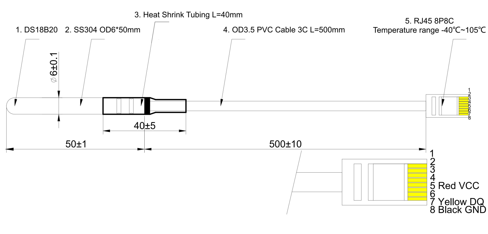 Waterproof DS18B20 1 Wire Temperature Sensor with RJ45 Connector